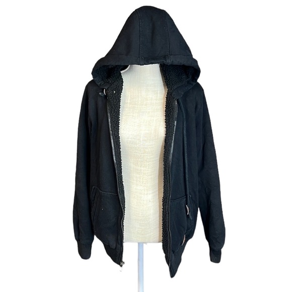 Buffalo David Bitton Zip Up Heavyweight Jacket Hoodie Black Mens Size M Sherpa - Picture 2 of 8